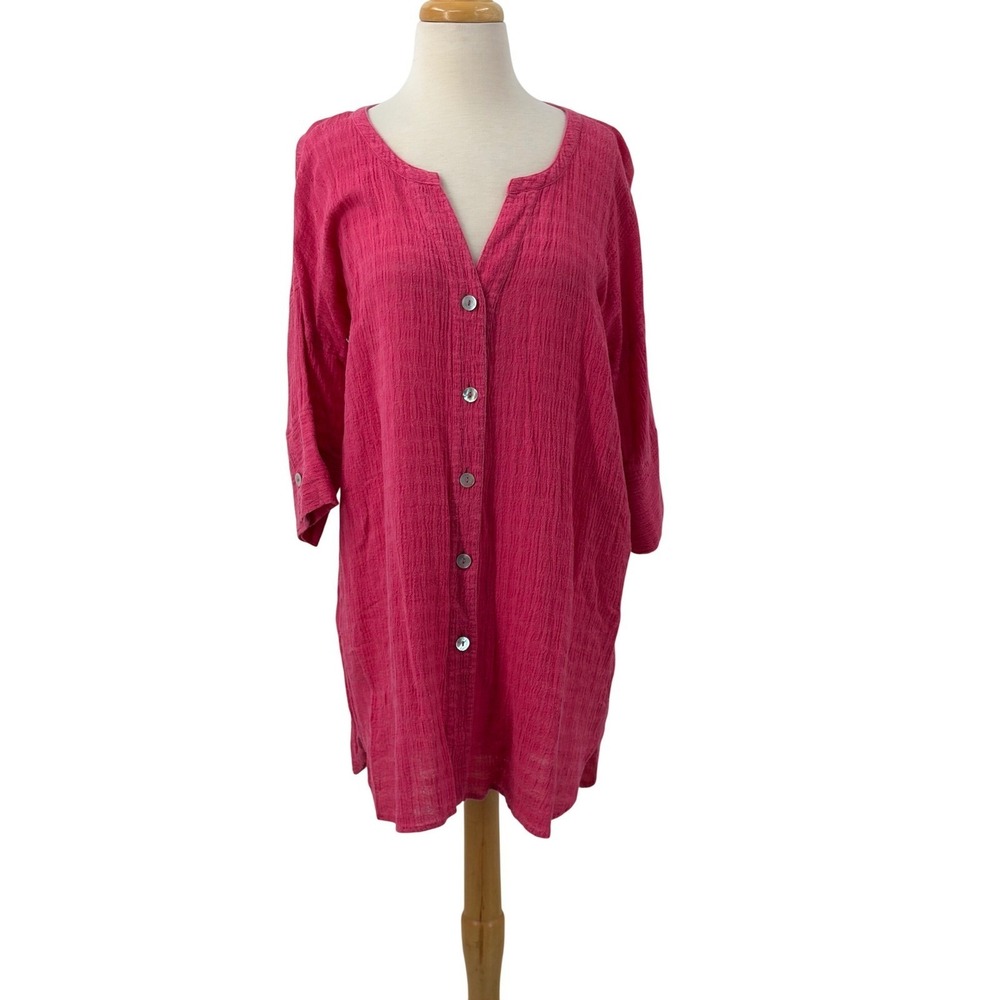 Soft Surroundings Womens Pink Linen Blend Gauze Button Front Tunic Top Size XS
